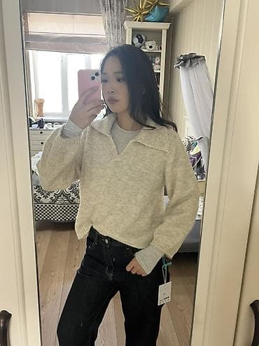 женские свитера длинные: Женский вязаный свитер с воротником-поло - Цвет: светло-бежевый - — 1