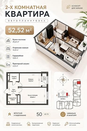 29: 2 комнаты, 52 м², Технопарк Элитка, 13 этаж, ПСО (под самоотделку) — 2