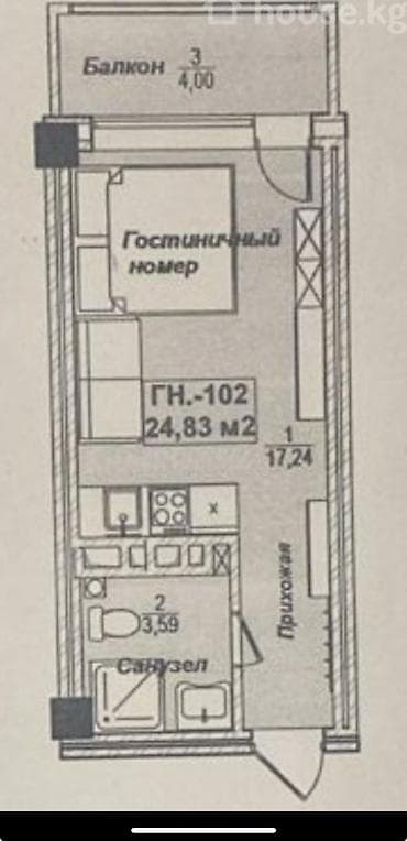 ысык куле: 1 бөлмө, 25 м², Элитка, 3 кабат, Даяр ПСО (өзү оңдоп түзөтүп бүтүү үчүн) — 3