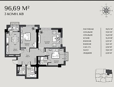 art square: 3 комнаты, 97 м², Элитка, 16 этаж, Готовая ПСО (под самоотделку) — 2