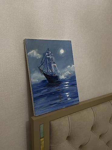 Үй жана бакча: Картина акрилом на холсте: ночное море и парусник при луне. Глубокие — 1
