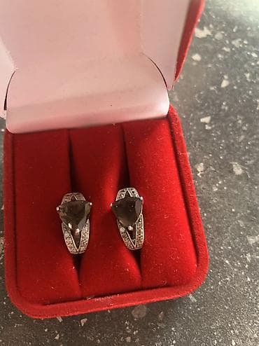 Серьги: Небольшие серьги, серебро с дымчатым топазом и фианитами, 925 проба — 5