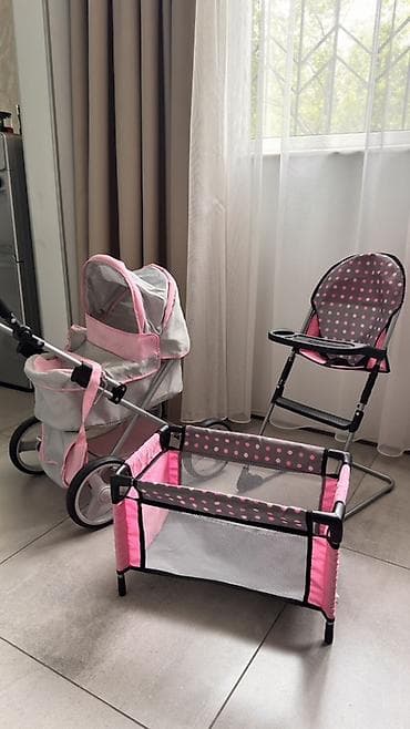 game consoles: Игровой набор для кукол: коляска, стульчик для кормления и манежик — 1
