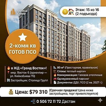 o2 development: 2 комнаты, 80 м², Элитка, 15 этаж, ПСО (под самоотделку) — 1
