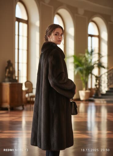 Длинная шуба из темного меха (визуально — норка/собольного типа)
