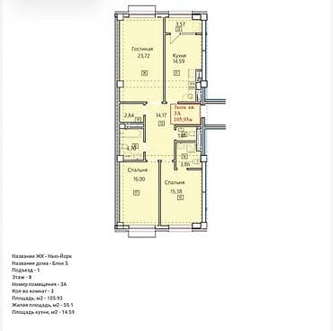 Квартиры: 3 комнаты, 106 м², Элитка, Асанбай мкр Элитка, 8 этаж, ПСО (под самоотделку) — 3