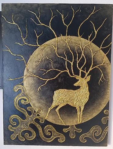 Картина “Золотой олень у луны” — декоративная панель с объемным