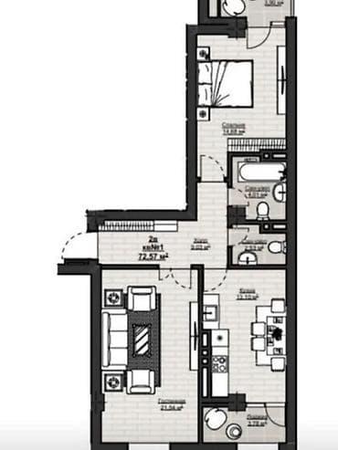 арт сити бишкек: 2 комнаты, 72 м², Асанбай мкр Элитка, 2 этаж, ПСО (под самоотделку) — 6