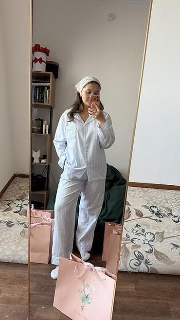 женские пижамы для сна: Пижама, Хлопок, Китай, В полоску, На пуговицах, S, M, L — 10