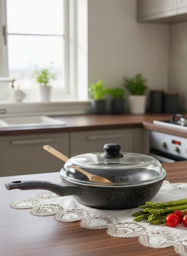 стеклянная крышка: Сковорода с крышкой б/ у в хорошем состоянии 800 сом - Материал — 1