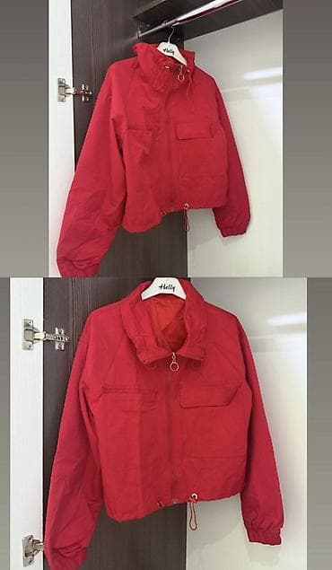 ветровки женские: Куртка-ветровка женская, укороченная, ярко-красного цвета — 1