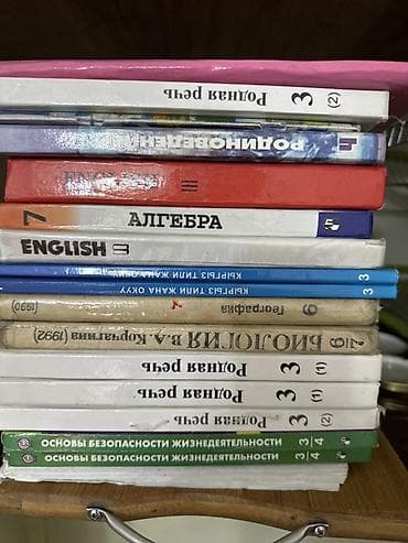 Подборка школьных учебников и пособий разных лет и предметов. В стопке