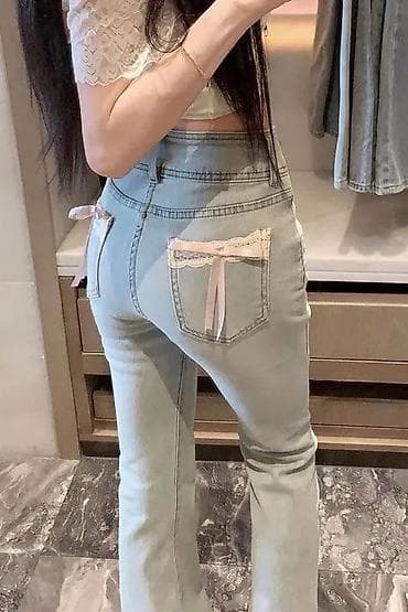 штаны слаксы: Джинсы женские, светло-голубой деним. - Посадка: высокая, фиксируется — 1