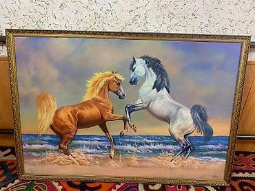Сүрөттөр: Картины маслом с лошадьми в декоративных рамах. - Сюжет 1: два коня — 1