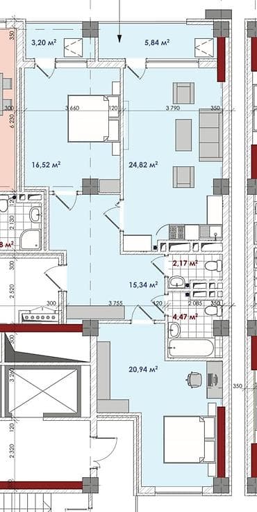 3 room: 3 комнаты, 94 м², Элитка, 6 этаж, Готовая ПСО (под самоотделку) — 2