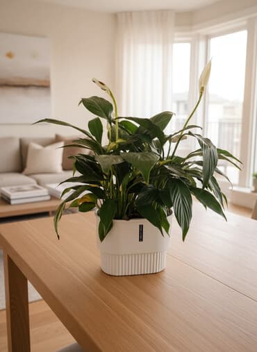 Спатифиллум (Spathiphyllum) в стильном белом кашпо. - Куст плотный, с