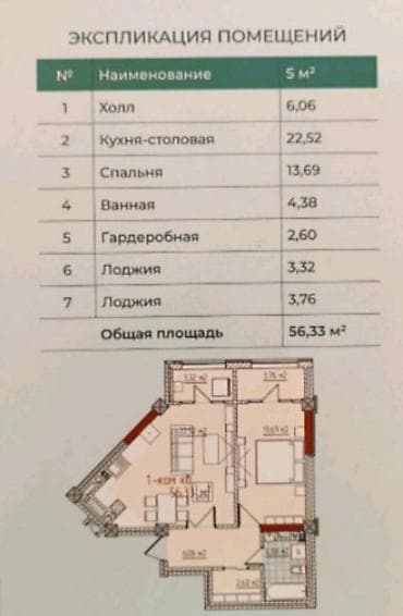 Продажа квартир: 1 комната, 56 м², Элитка, 12 этаж, Готовая ПСО (под самоотделку) — 1