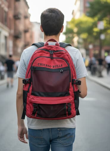 трикотажный шарф: Продается красный рюкзак "Chicago Bulls". Состояние отличное, дырок — 1