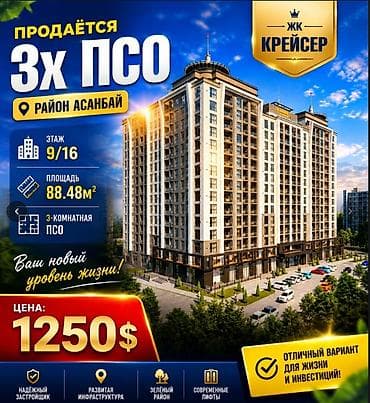 Квартиры: 3 комнаты, 88 м², Элитка, 9 этаж, Готовая ПСО (под самоотделку) — 1