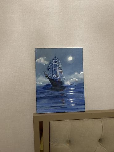 Үй жана бакча: Картина акрилом на холсте: ночное море и парусник при луне. Глубокие — 3
