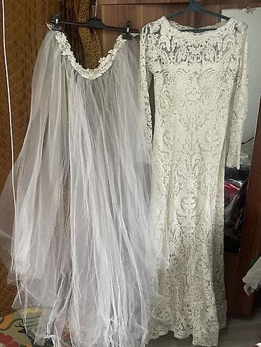 кольцо под платье: Ажурное свадебное (можно на кыз узатуу)платье со шлейфом - Силуэт — 3