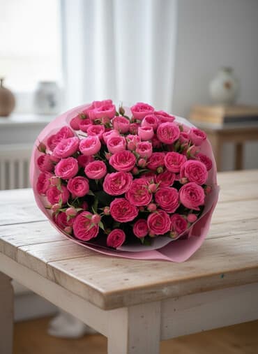 доставка цветов: Пышный букет кустовых роз насыщенно‑розового оттенка. - Сорт — 1