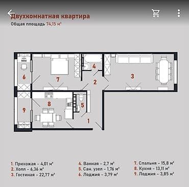 Батирлер: 2 бөлмө, 89 м², Элитка, 6 кабат, ПСО (өз алдынча бүтүрүү) — 2