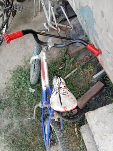 Детский велосипед с рамой, выполненной в бело-сине-красных тонах