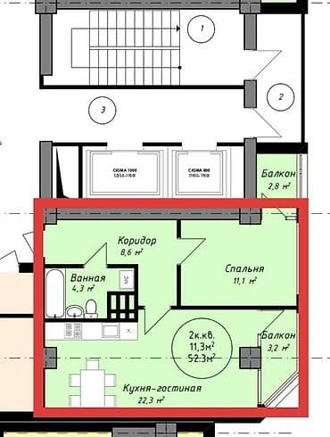 Батирлер: 2 бөлмө, 53 м², Элитка, 11 кабат, ПСО (өзү оңдоп түзөтүп бүтүү үчүн) — 3