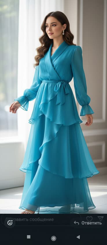 длинные платья для полных девушек: Вечернее платье, Длинная модель, Шифон, С рукавами, S — 1