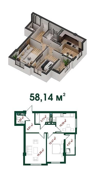 продается двухкомнатная квартира: 2 комнаты, 58 м², Элитка, 7 этаж — 4