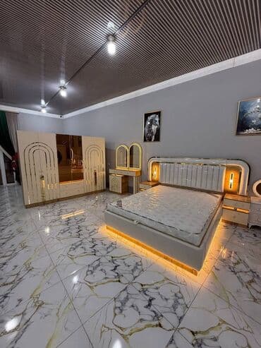 кровать со столом: Спальный гарнитур, Двуспальная кровать, МДФ, Бесплатная доставка, цвет - Белый — 11