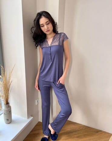 белая ночная сорочка: Пижама, Вискоза, Турция, С кружевом, M, L, XL — 1