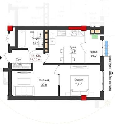 1 квартиру: 1 комната, 49 м², Готовая ПСО (под самоотделку) — 3