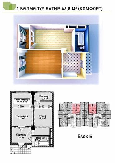 1 комната, 47 м², Элитка, 7 этаж, ПСО (под самоотделку) — 2