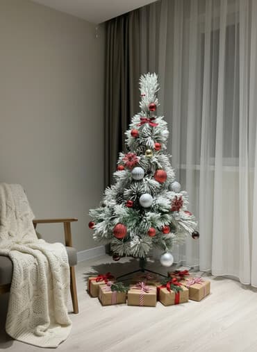 цветы уличные: Новогодняя ёлка с заснеженными ветками и полным набором украшений — 1