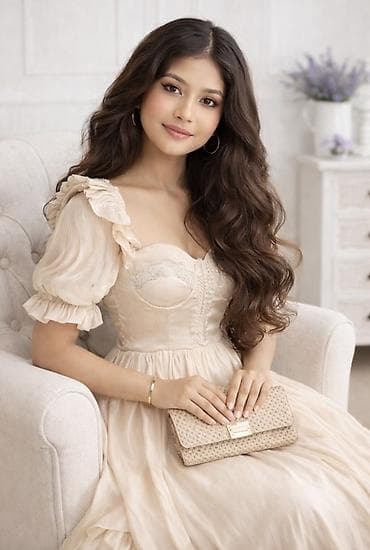 бежевое вечернее платье: Платье вечернее в романтическом стиле, цвет шампань - Длина: макси с — 1