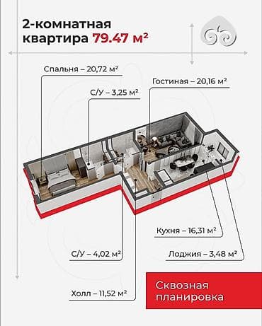 Квартиры: 2 комнаты, 79 м², Элитка, 4 этаж, Готовая ПСО (под самоотделку) — 1