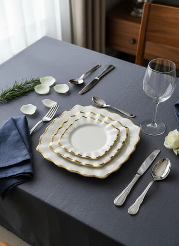 Фарфоровый столовый и чайный сервиз с волнистым контуром и ручной