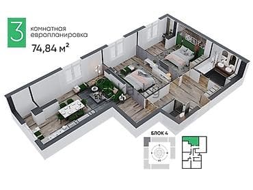 3 комнаты, 74 м², Элитка, 5 этаж, Готовая ПСО (под самоотделку) — 2