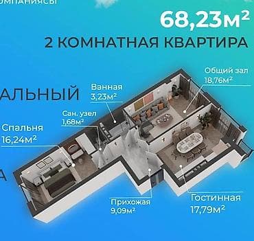 тюп квартира: 2 комнаты, 68 м², Элитка, 6 этаж, Готовая ПСО (под самоотделку) — 1