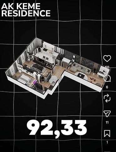 pro group: 3 комнаты, 92 м², Ак-Кеме (старый аэропорт) Элитка, 11 этаж, ПСО (под самоотделку) — 2