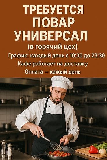 Требуется повар-универсал (в горячий цех) 📍 Кафе работает только на at lalafo.kg Требуется повар-универсал (в горячий цех) 📍 Кафе работает только на