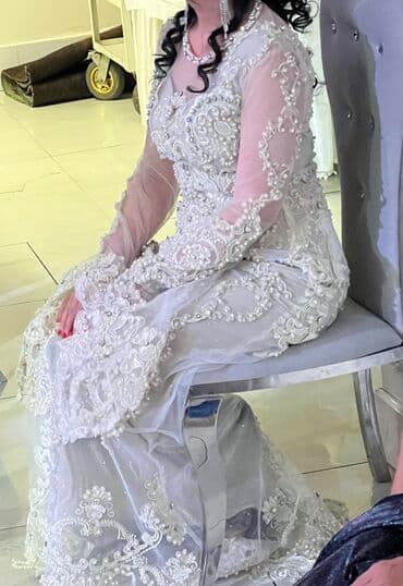 брендовые вещи оригинал: Вечернее платье с камнями с варовски, жемчуг, ручная работа, шлейф — 3