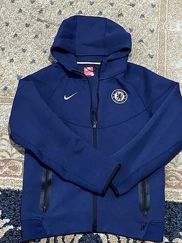 Толстовки: Темно‑синяя мужская спортивная толстовка Nike с капюшоном, на молнии — 1