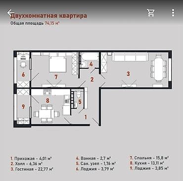 70: 2 комнаты, 75 м², Церковь 108 серия, 7 этаж, ПСО (под самоотделку) — 2