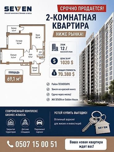 Квартиры: 2 комнаты, 69 м², Технопарк Элитка, 12 этаж, ПСО (под самоотделку) — 1