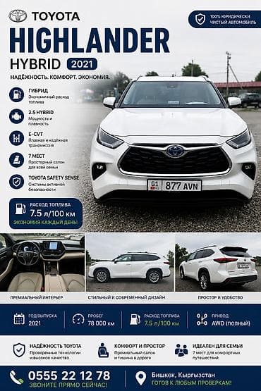 Toyota Highlander: 2021 г., 2.5 л, Вариатор, Гибрид, Внедорожник