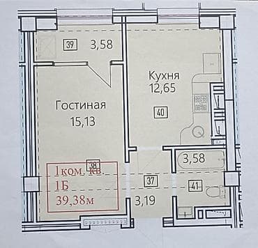 58: 1 комната, 40 м², Асанбай мкр Элитка, 12 этаж, ПСО (под самоотделку) — 1