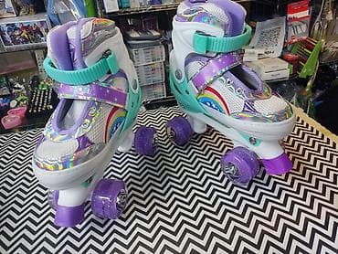 ролики: Детские роликовые коньки-квадро (четырёхколёсные) с ярким радужным — 1